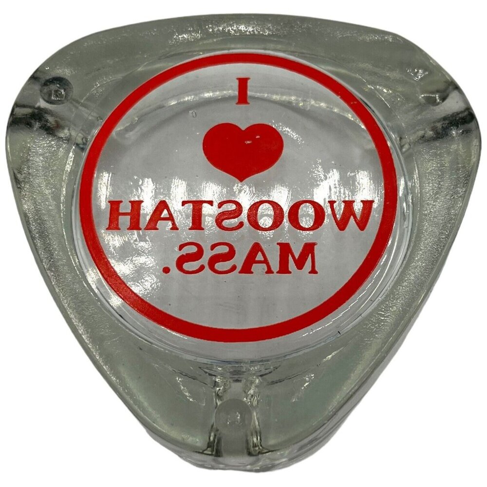 I Heart Woostah Mass. Triangular Ashtray Ash Tray Glass Dime Store Souvenir - Picture 5 of 8